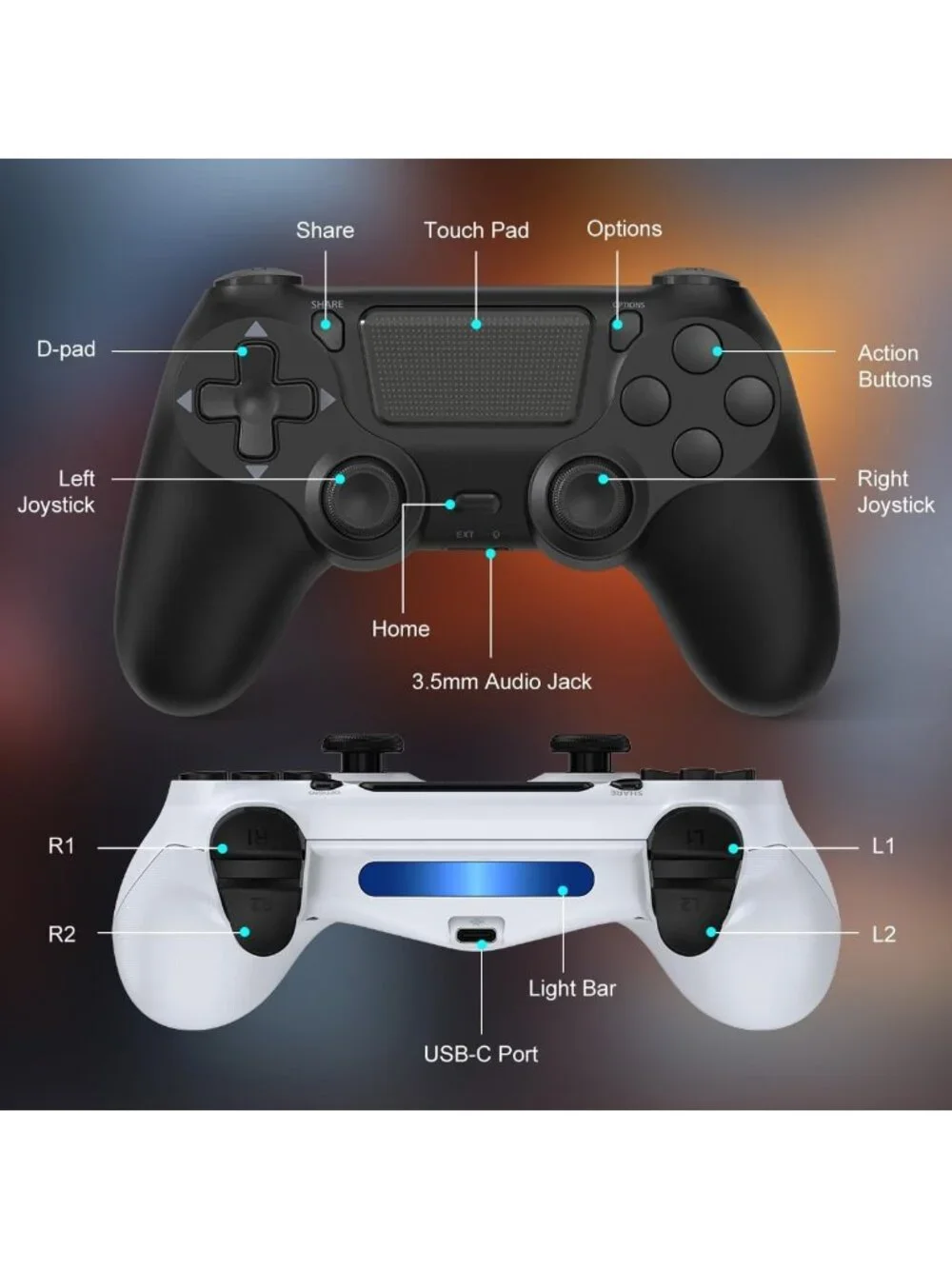 2 Pack Wireless Controllers for PS4/Pro/Slim - Black & White, Gaming Accessories